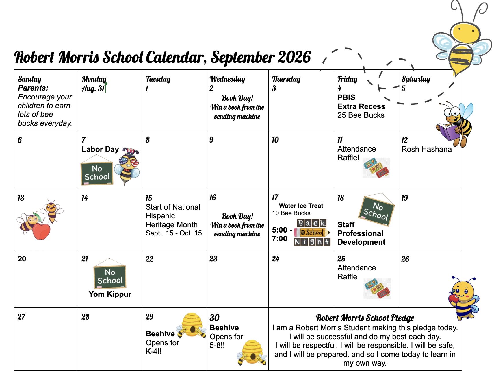Robert Morris School calendar for September 2026, detailing key school dates, holidays, events, and the student pledge.