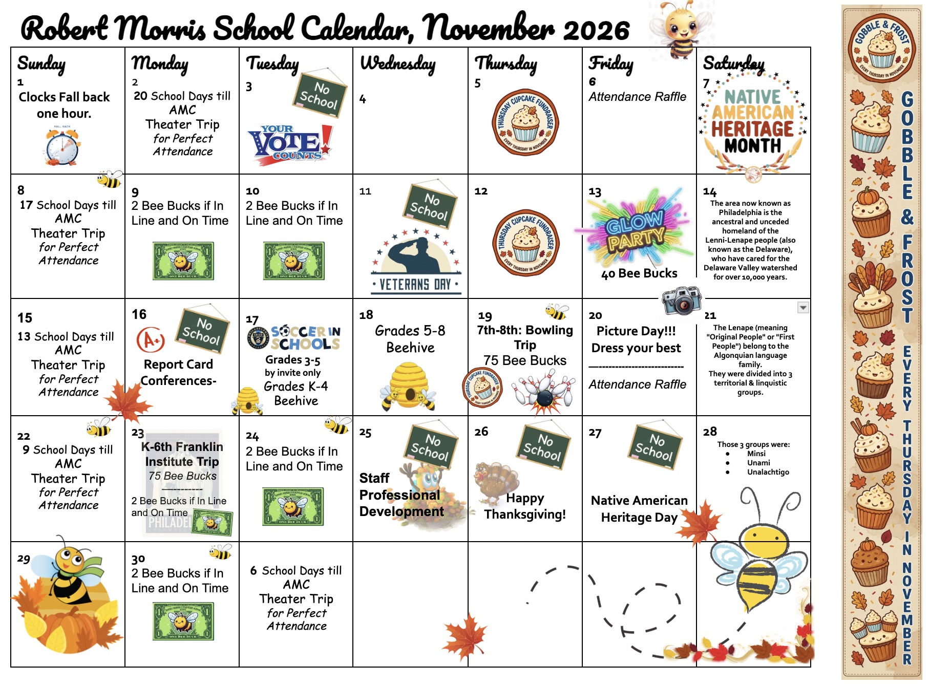 Robert Morris School Calendar for November 2026, showing daily events, no-school days, incentives, and Native American Heritage Month information.