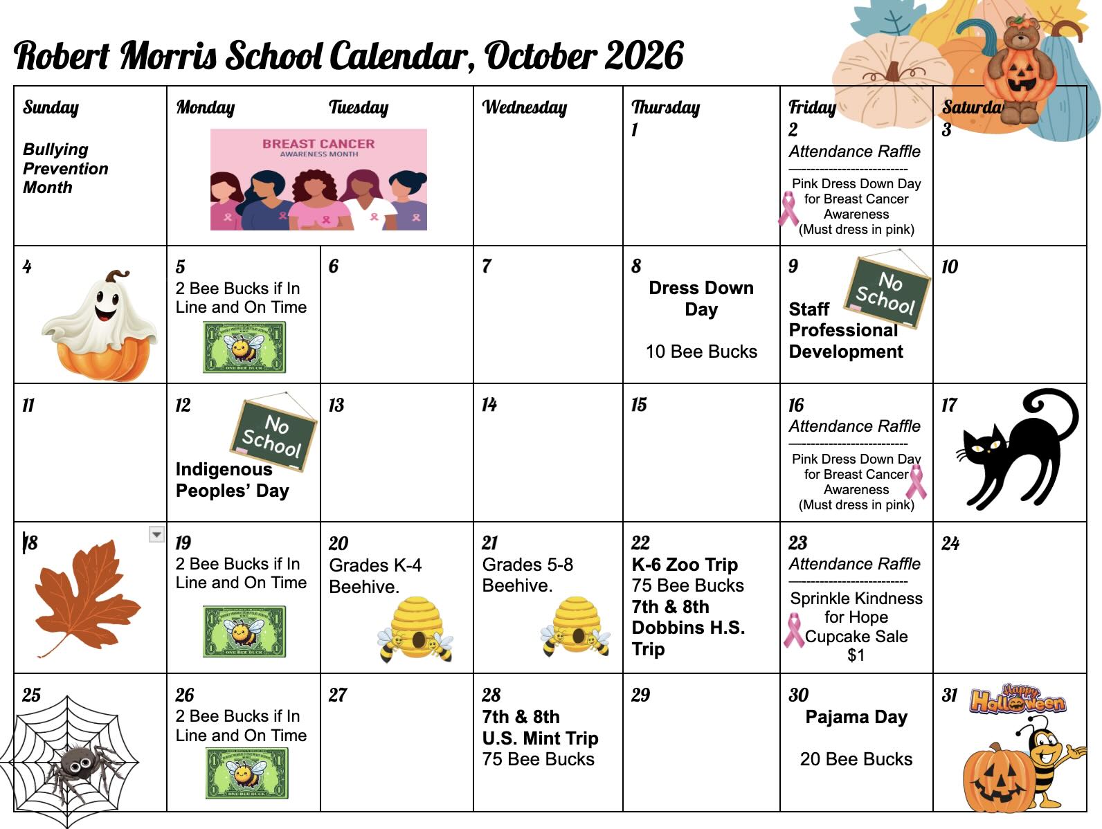 Robert Morris School Calendar for October 2026 detailing daily events, incentives, field trips, and theme days.